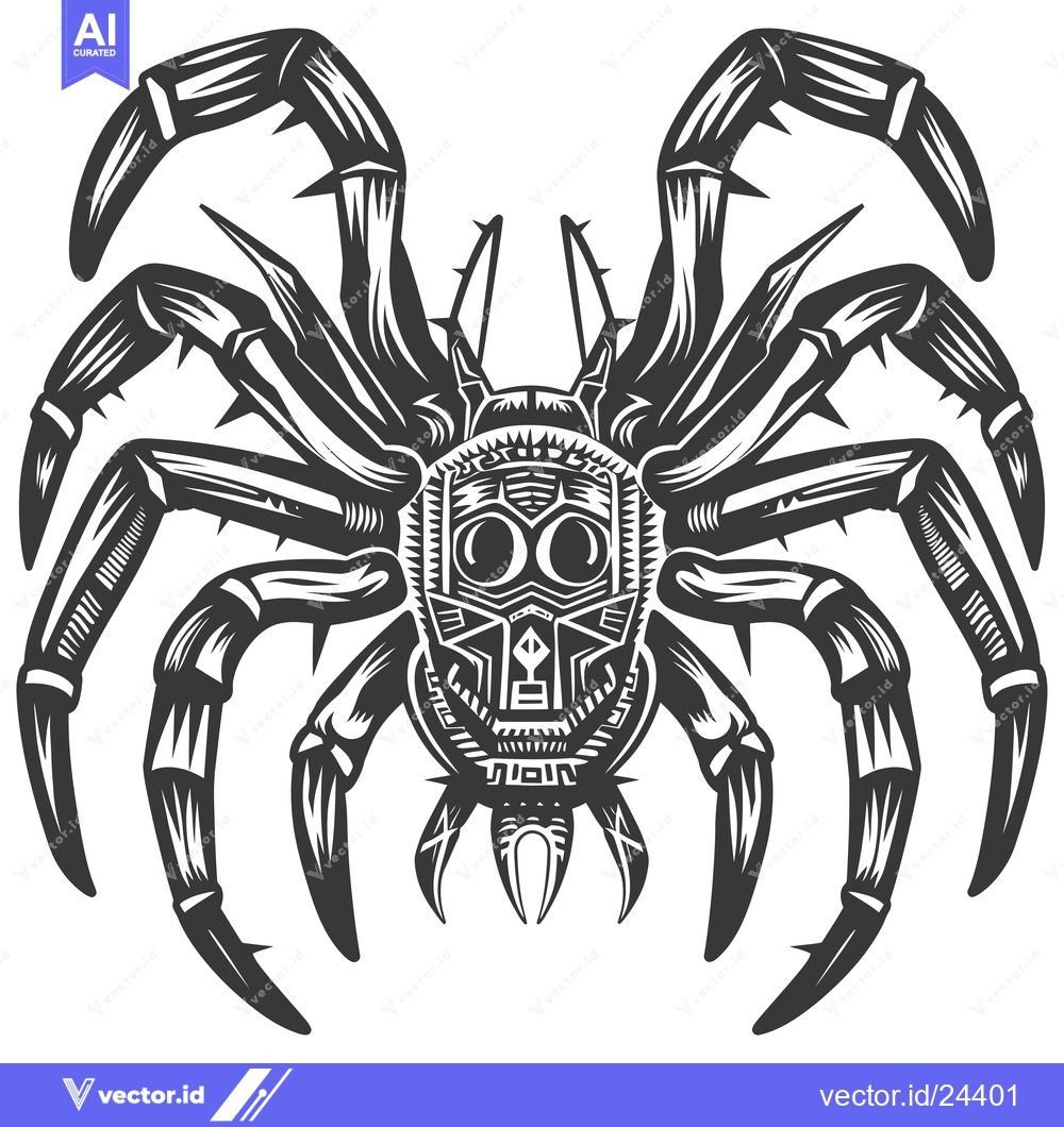 Premium Vector of Black and White Illustration of a Stylized Spider with a Geometric Hea