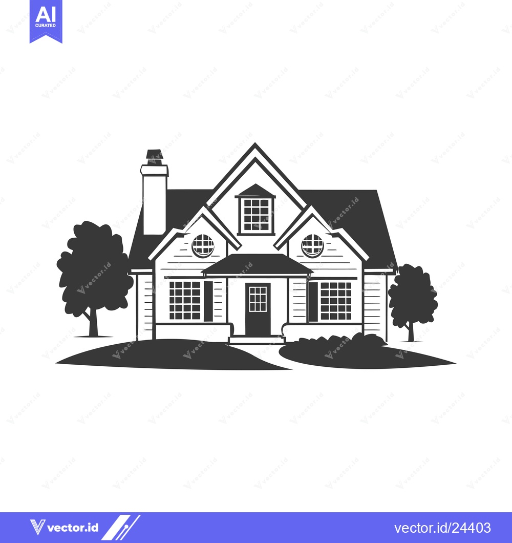 Premium Vector of Black and White Illustration of a Suburban Home with a Lawn and Trees