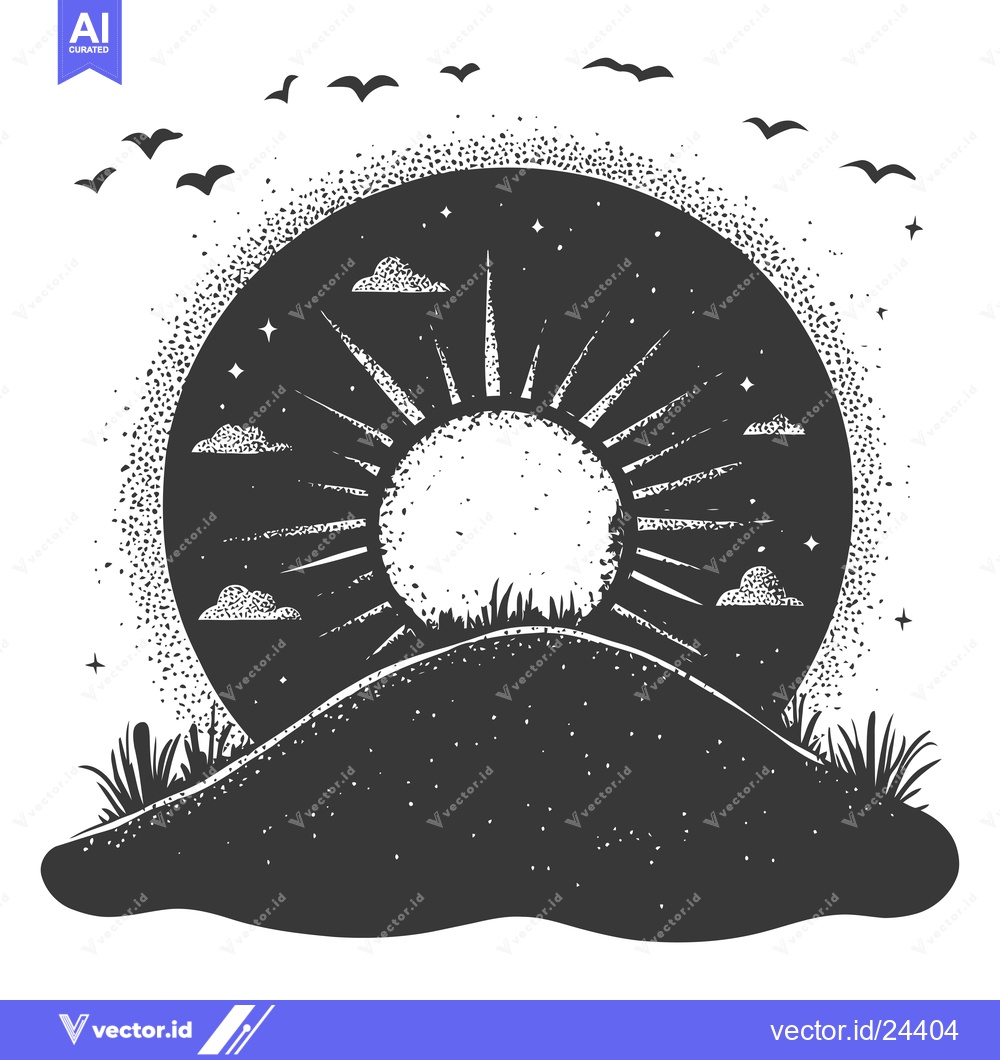Premium Vector of Black and White Illustration of a Sun Setting Behind a Hill