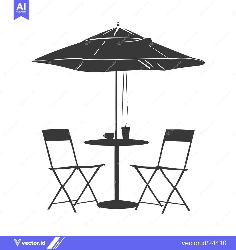 Premium Vector dari Black and White Illustration of a Table with Two Chairs and an Umbrell