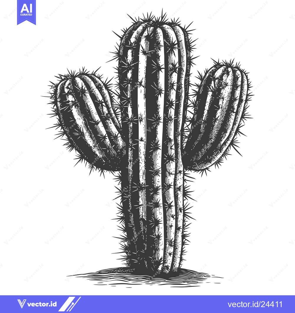Premium Vector dari Black and White Illustration of a Tall Cactus with Three Arms