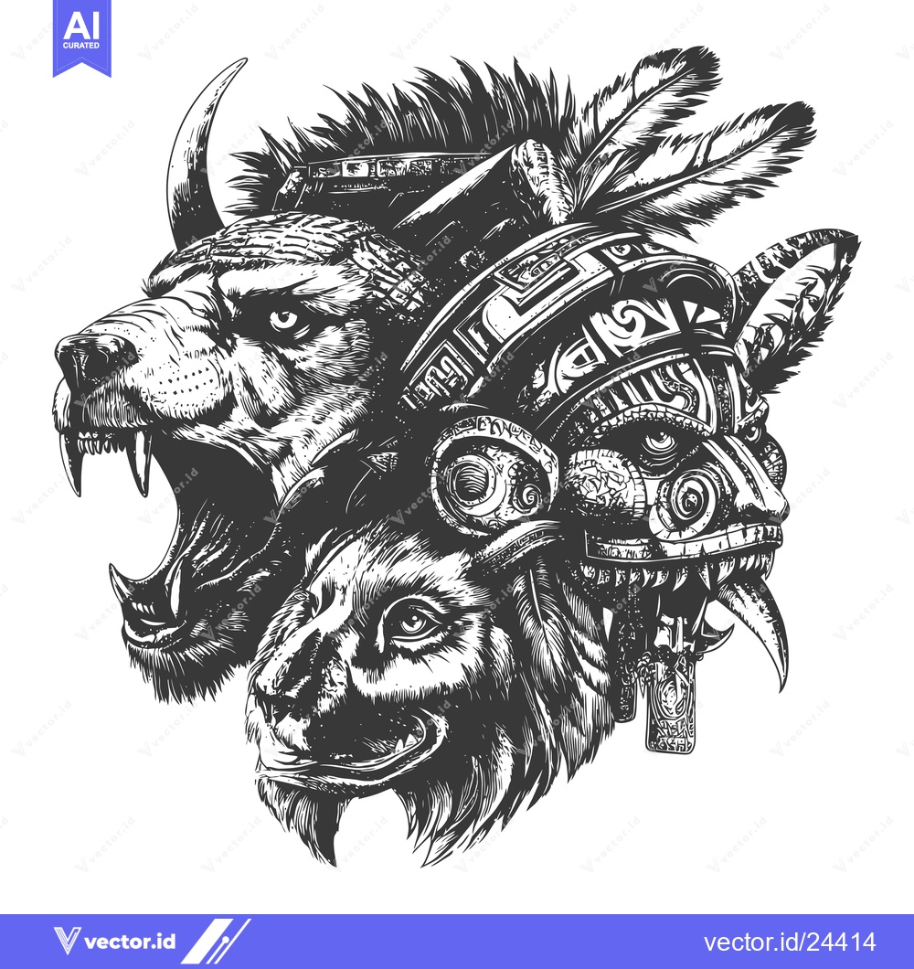 Premium Vector dari Black and White Illustration of a Three-Headed Animal with a Mask