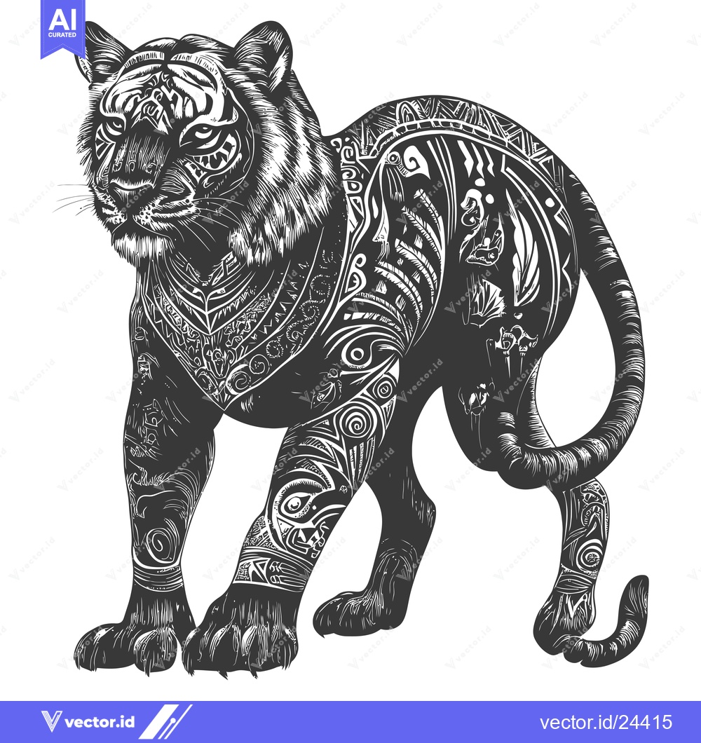 Premium Vector of Black and White Illustration of a Tiger with Tribal Patterns