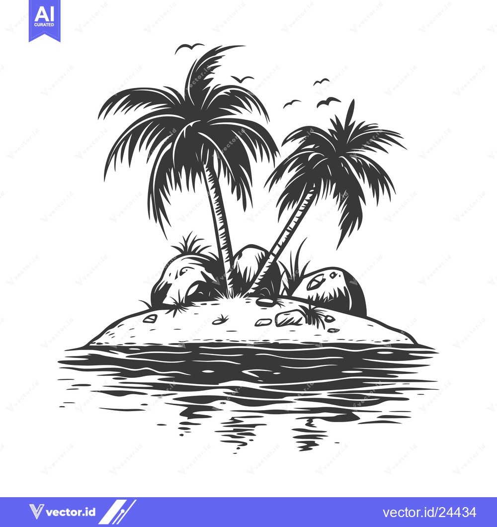 Premium Vector dari Black and White Illustration of a Tropical Island with Palm Trees