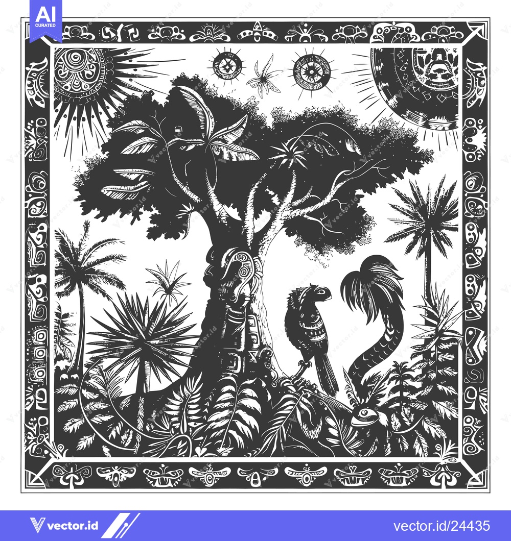 Premium Vector dari Black and White Illustration of a Tropical Jungle Scene with Symbolic