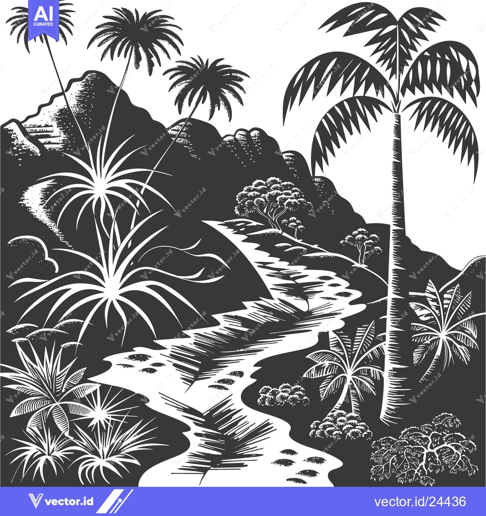 Premium Vector dari Black and White Illustration of a Tropical Landscape with Palm Trees a