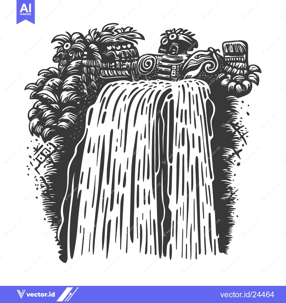 Premium Vector dari Black and White Illustration of a Waterfall with Stylized Jungle Veget