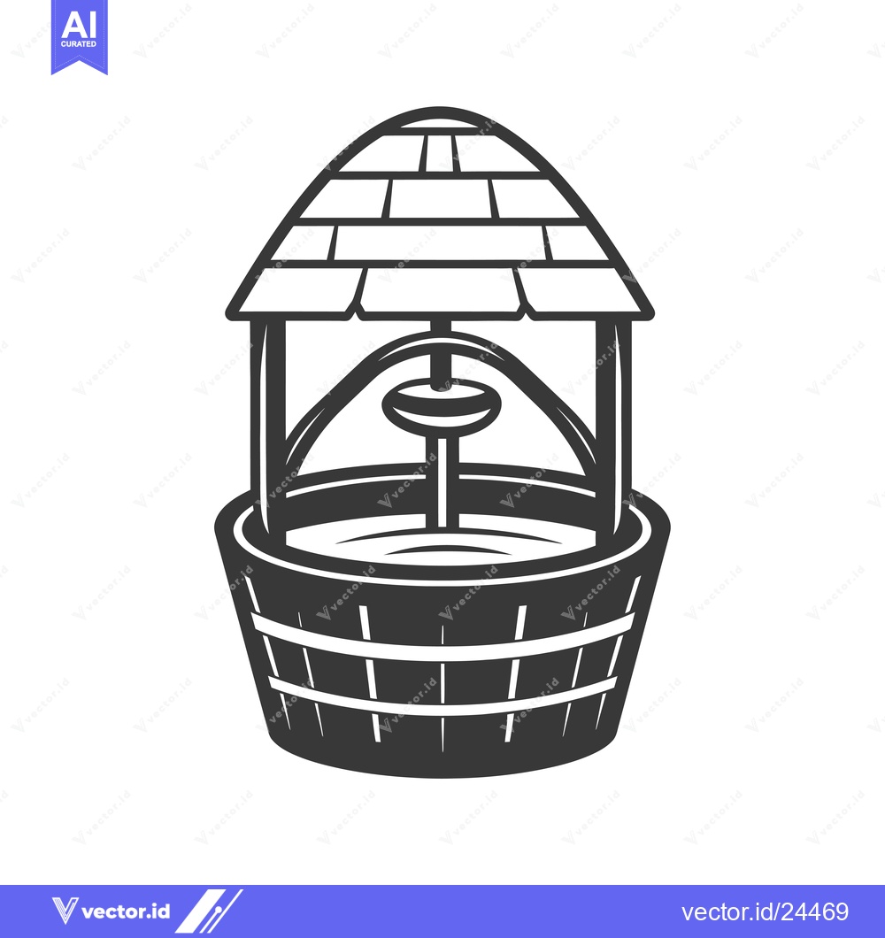 Premium Vector of Black and White Illustration of a Well with a Roof