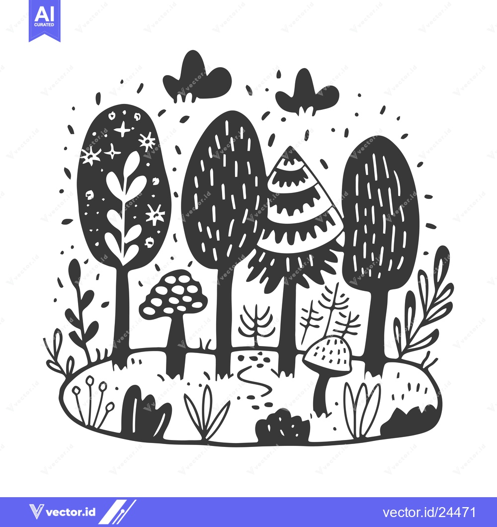 Premium Vector dari Black and White Illustration of a Whimsical Forest with Trees, Mushroo