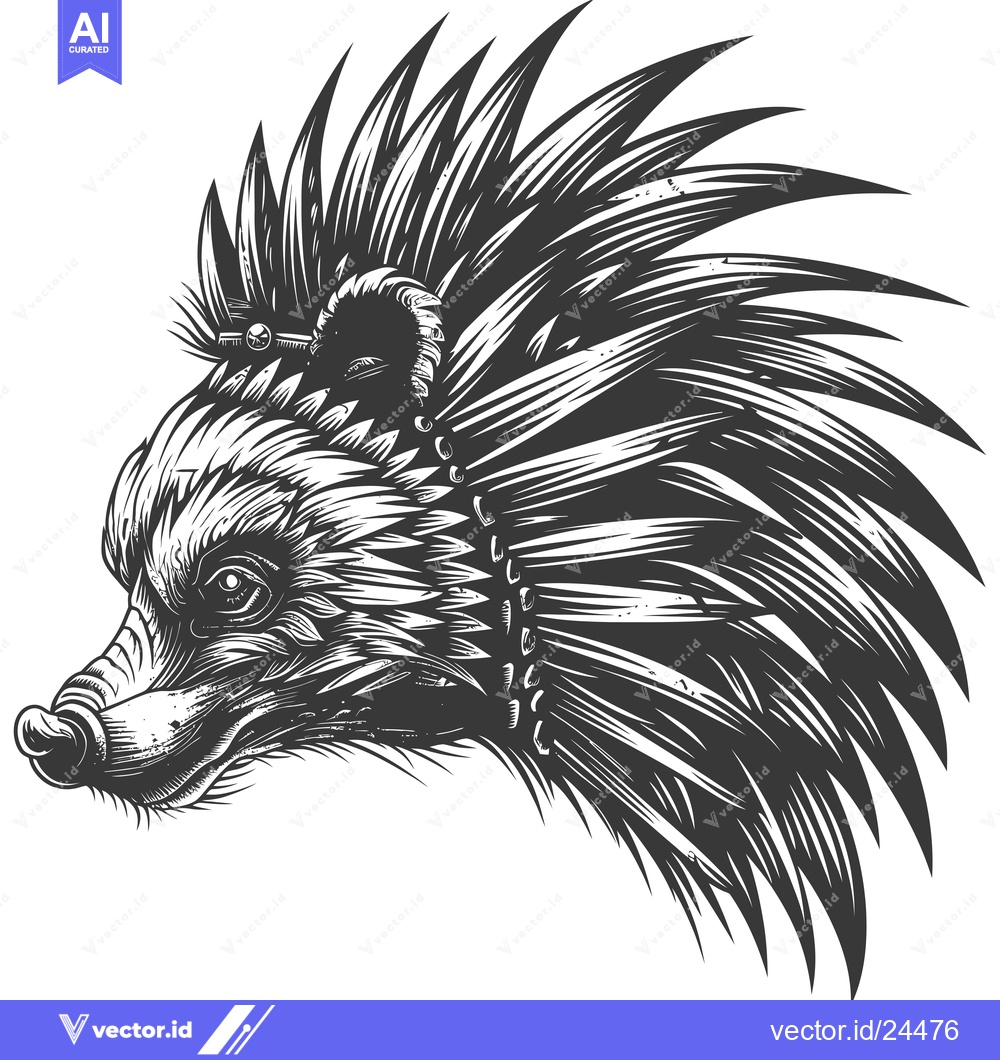 Premium Vector dari Black and White Illustration of a Wild Pig Wearing a Headdress