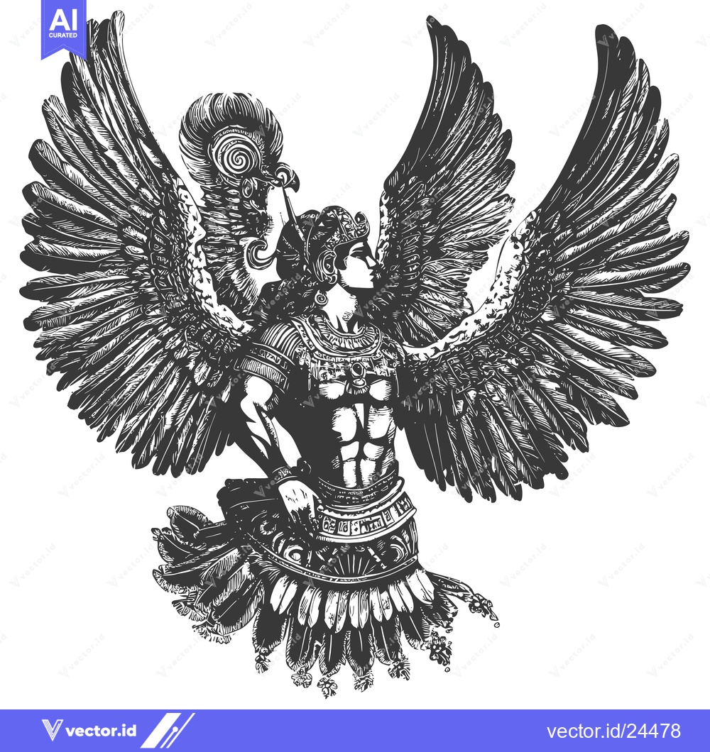 Premium Vector dari Black and White Illustration of a Winged Warrior with Feathered Headpi