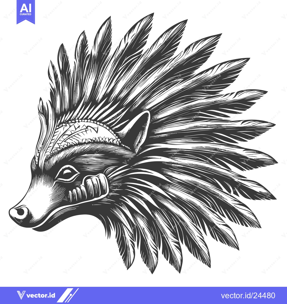 Premium Vector dari Black and White Illustration of a Wolf's Head with Feathers