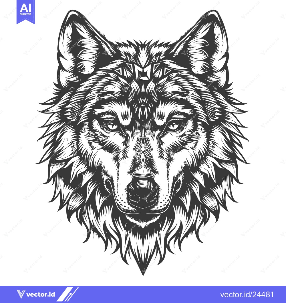 Premium Vector dari Black and White Illustration of a Wolf's Head with Geometric Designs