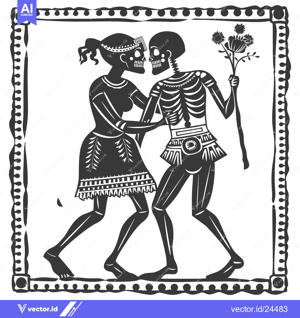 Premium Vector dari Black and White Illustration of a Woman and Skeleton in a Frame