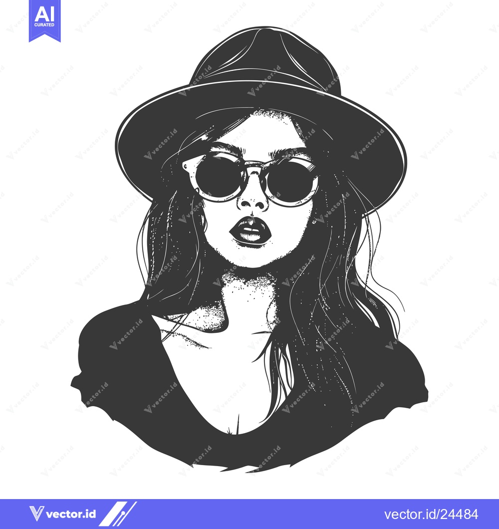 Premium Vector dari Black and White Illustration of a Woman in a Hat and Sunglasses