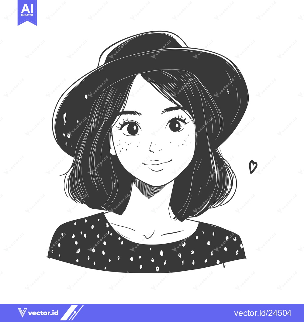 Premium Vector of Black and White Illustration of a Woman Wearing a Hat and a Dotted Shi