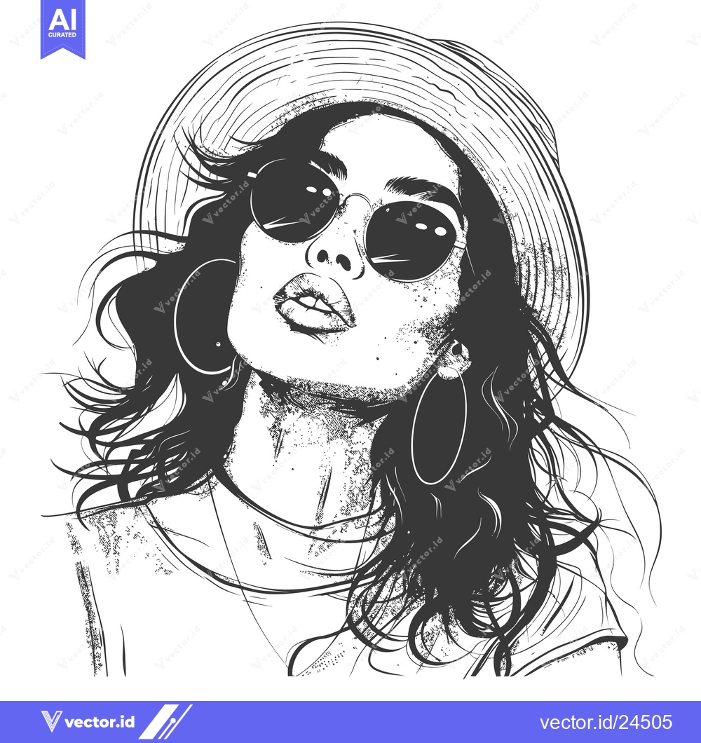 Premium Vector dari Black and White Illustration of a Woman Wearing a Hat and Sunglasses
