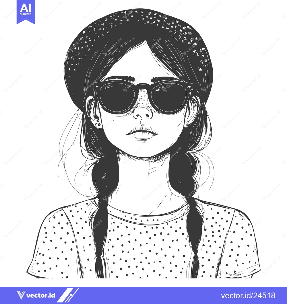 Premium Vector dari Black and White Illustration of a Woman with Braids and Sunglasses