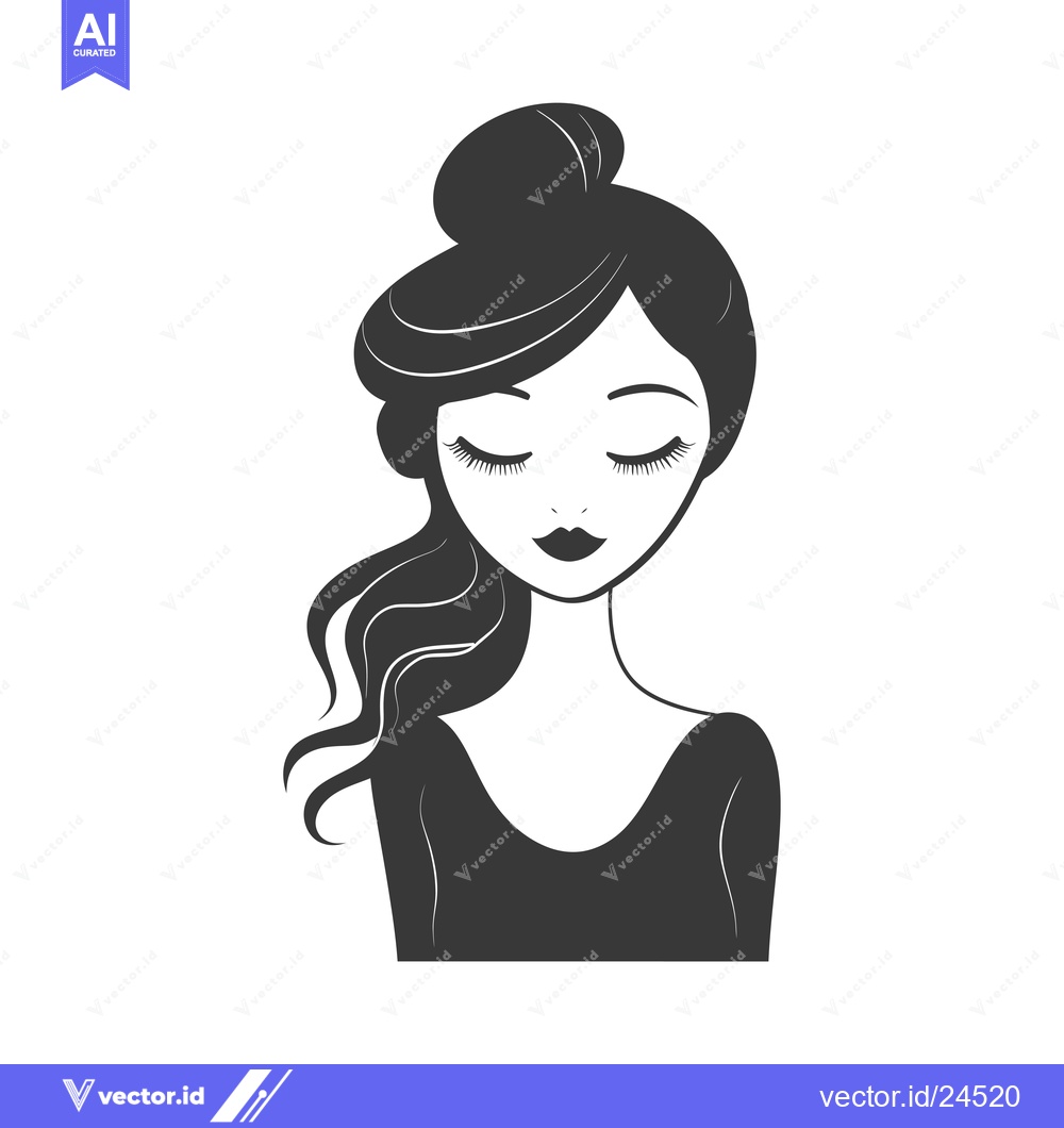 Premium Vector of Black and white illustration of a woman with closed eyes and a bun