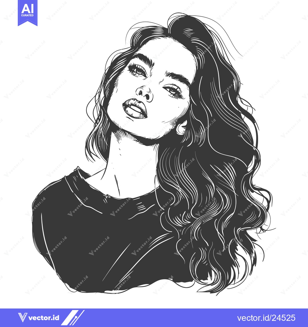 Premium Vector dari Black and white illustration of a woman with long wavy hair
