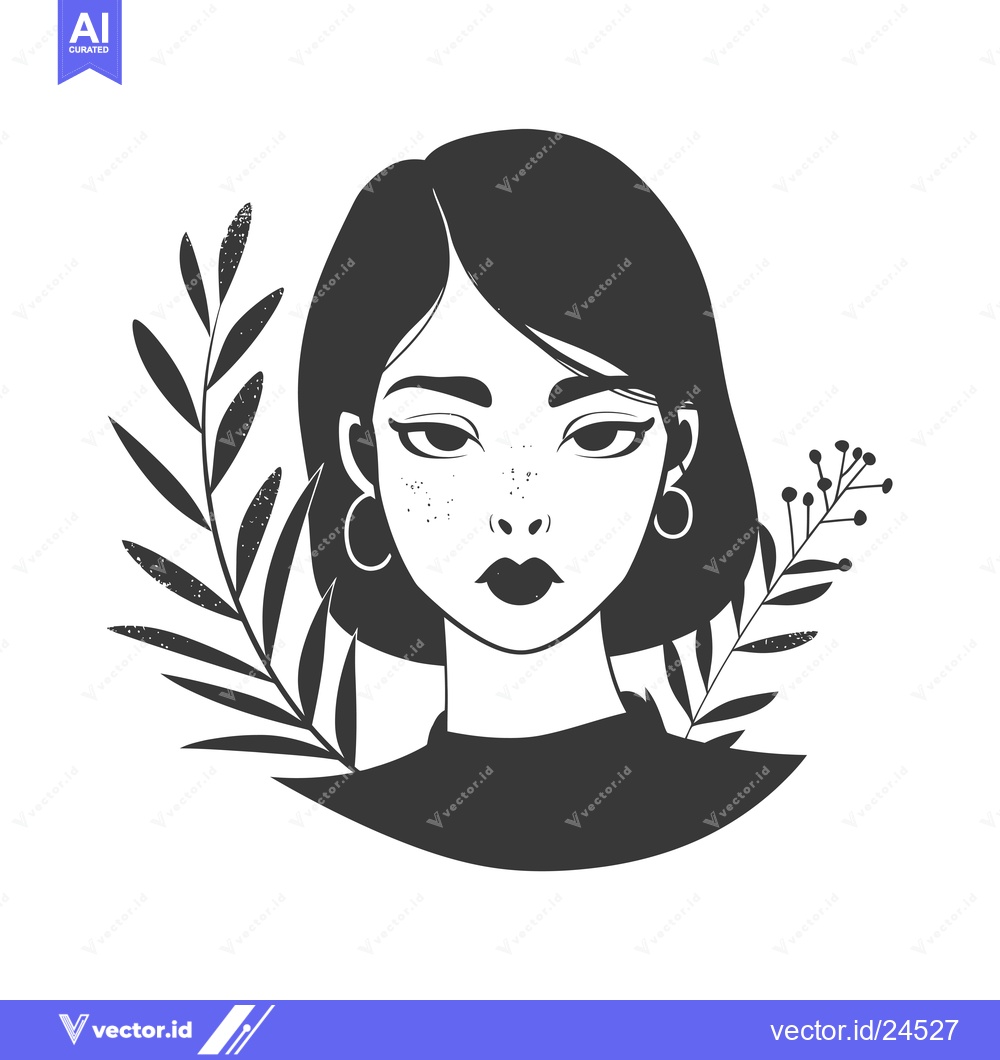 Premium Vector dari Black and White Illustration of a Woman with Short Hair and Freckles