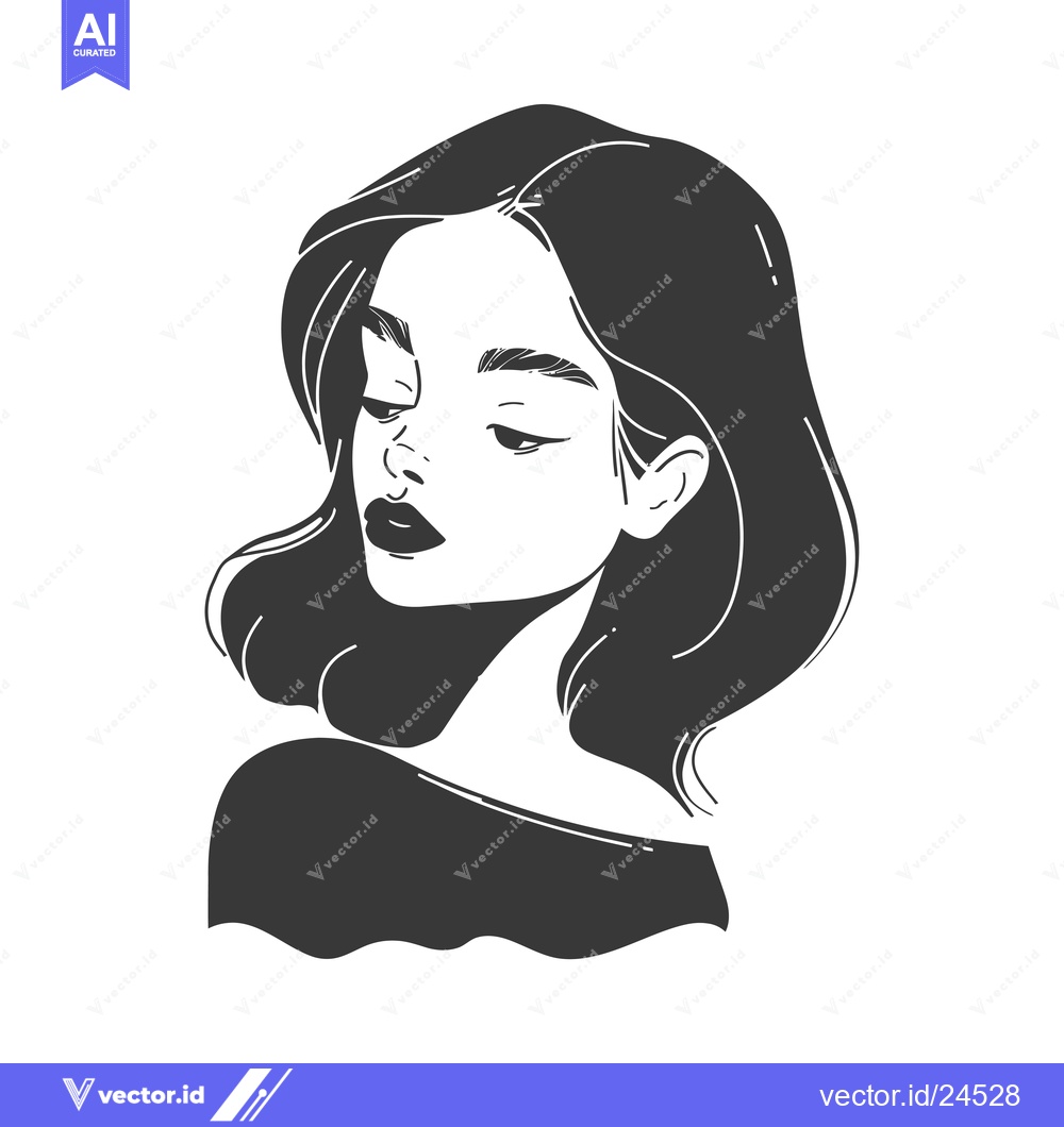 Premium Vector of Black and White Illustration of a Woman with Short Hair Looking Down