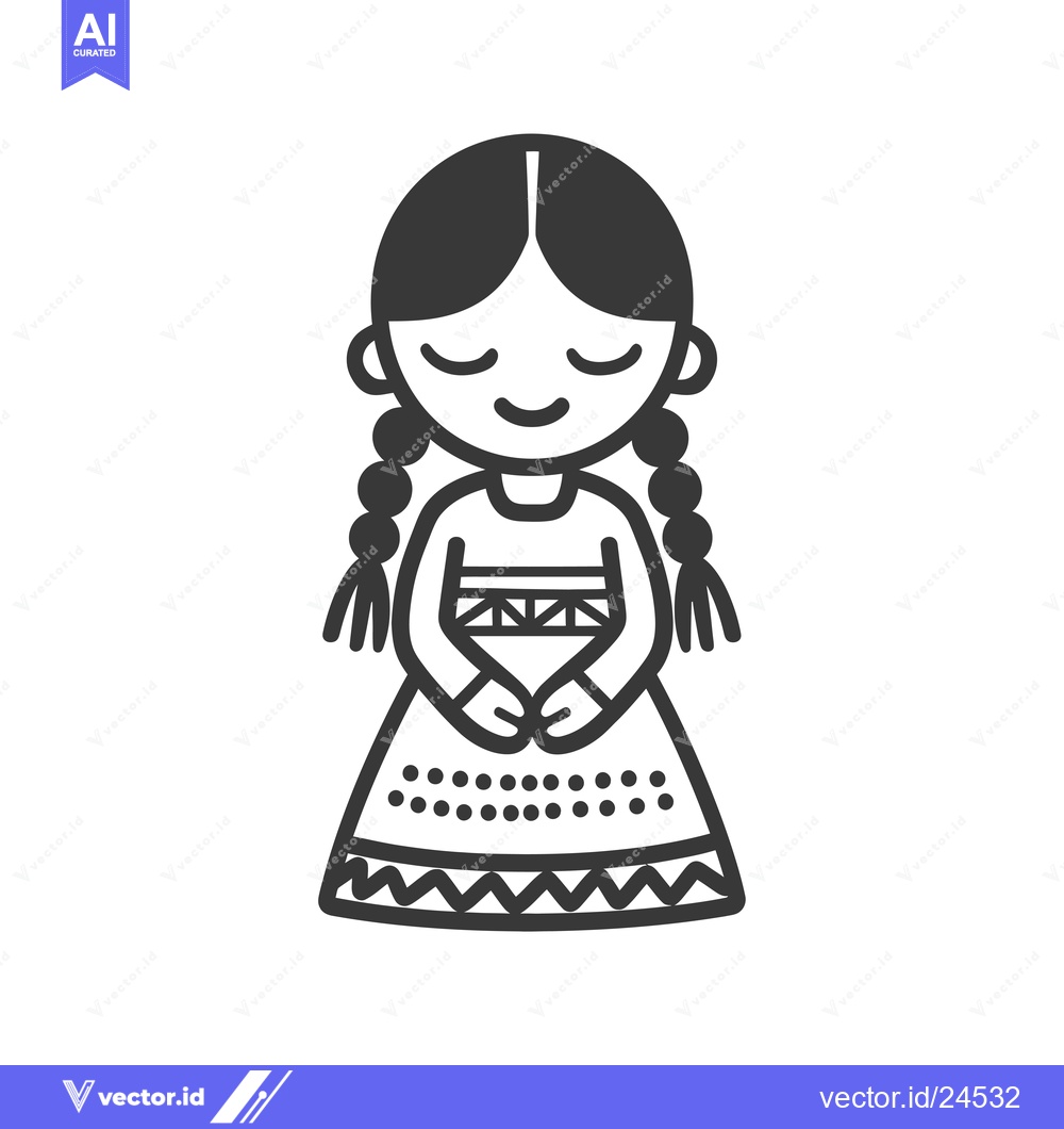 Premium Vector of Black and White Illustration of a Young Girl Wearing a Traditional Dre