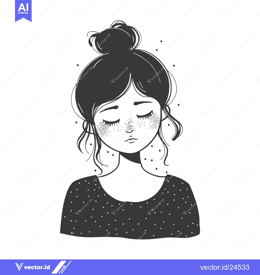 Premium Vector dari Black and White Illustration of a Young Woman with Freckles and Hair i