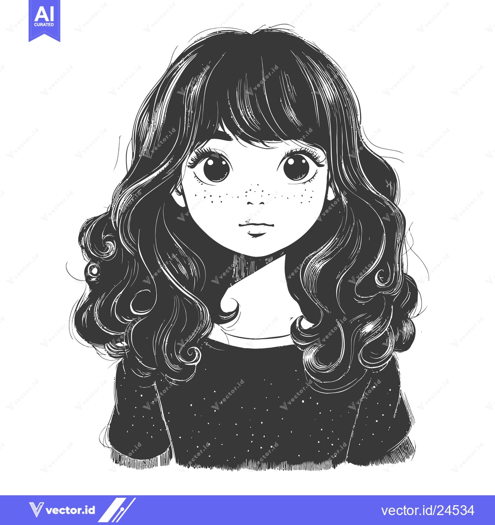 Premium Vector of Black and White Illustration of a Young Woman with Wavy Hair