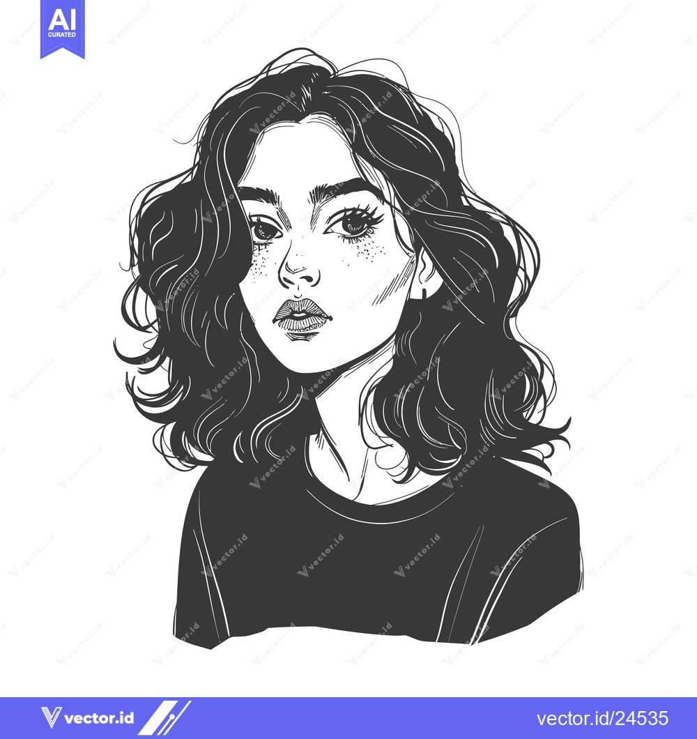 Premium Vector dari Black and White Illustration of a Young Woman with Wavy Hair