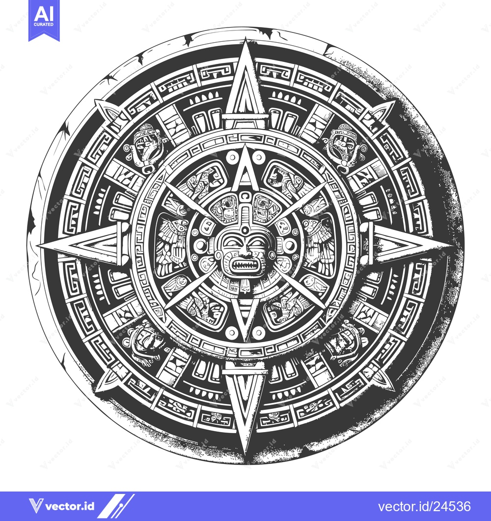 Premium Vector of Black and White Illustration of Aztec Calendar Stone