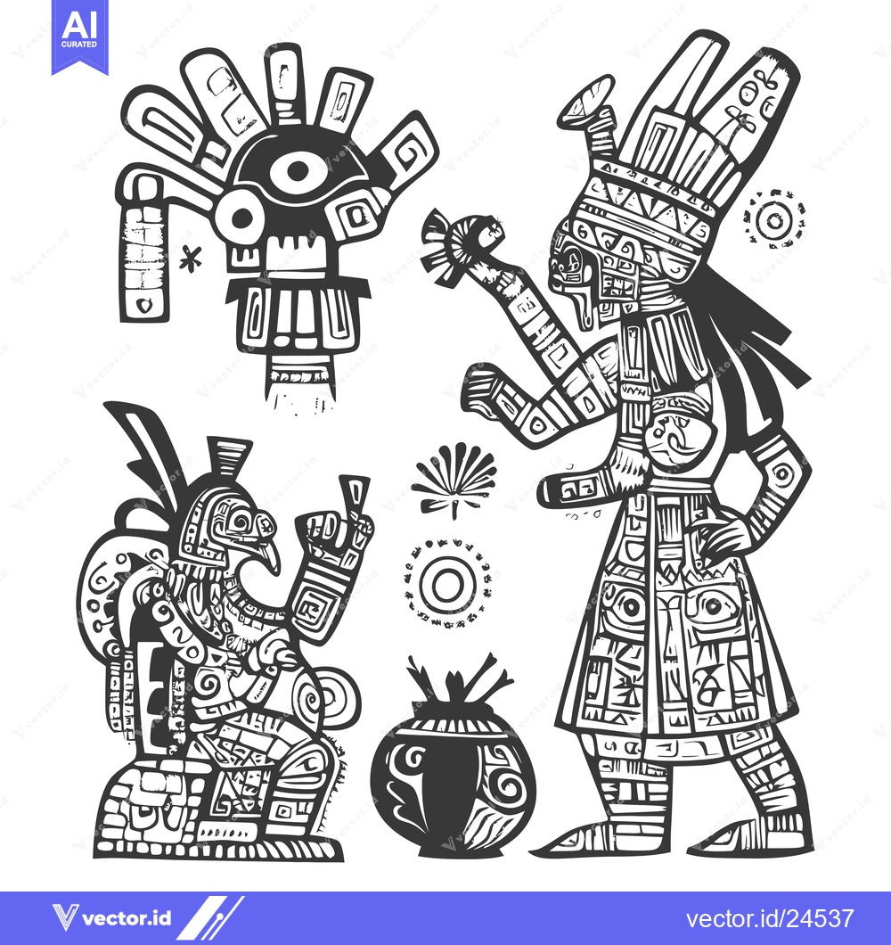 Premium Vector of Black and White Illustration of Aztec or Mayan Style Figures