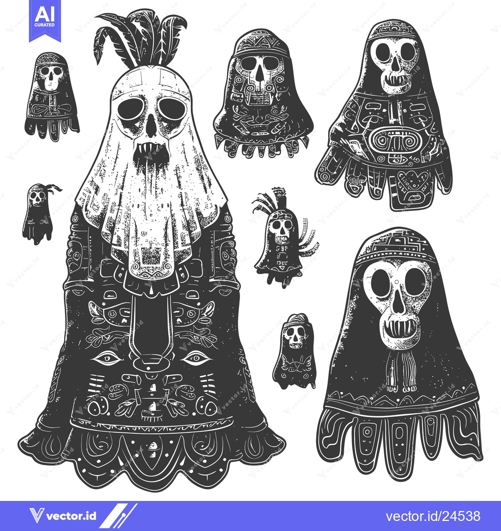 Premium Vector of Black and White Illustration of Aztec Skull Figures
