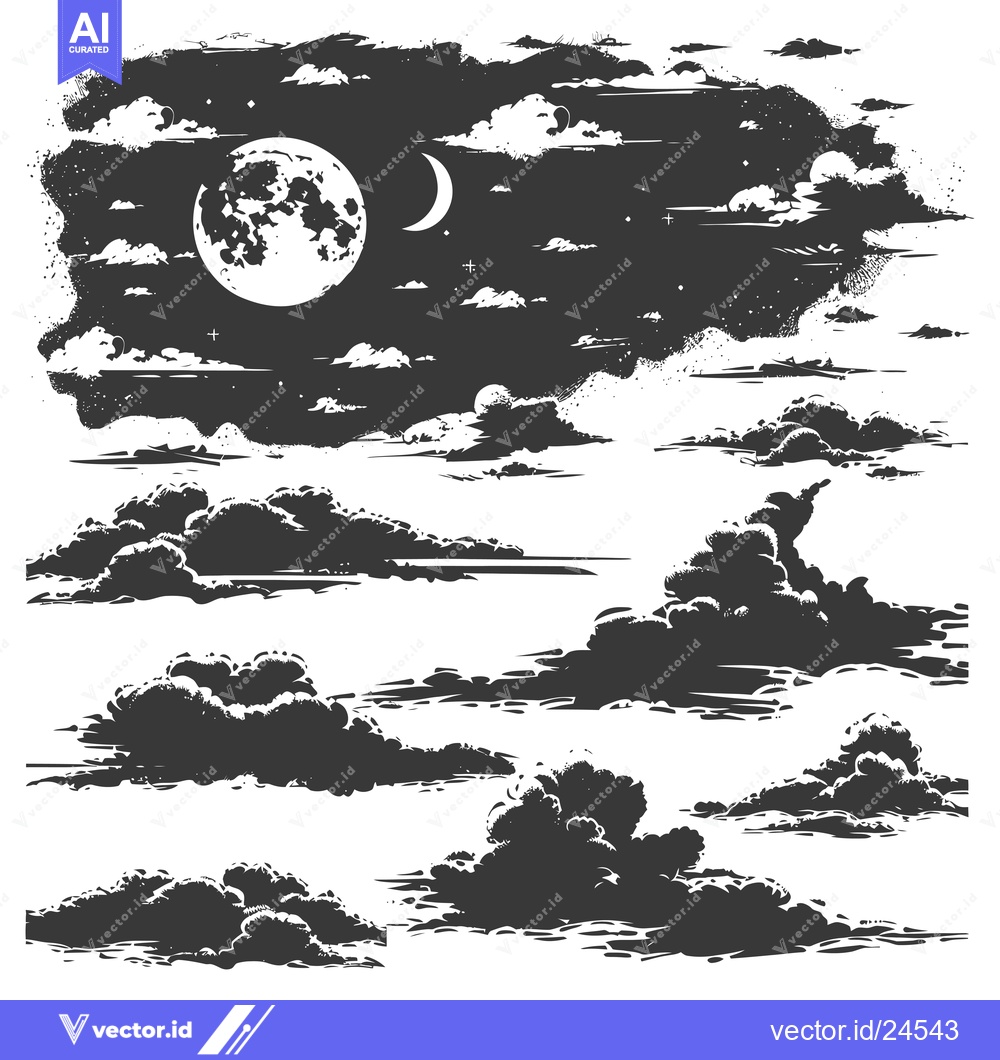 Premium Vector dari Black and White Illustration of Clouds and a Full Moon in the Night Sk
