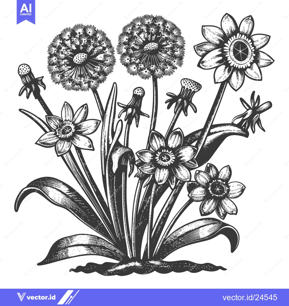 Premium Vector of Black and White Illustration of Dandelion, Passionflower and Daffodil