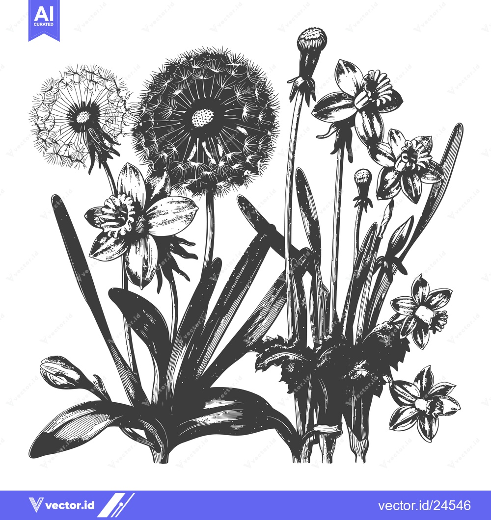 Premium Vector dari Black and White Illustration of Dandelions and Daffodils