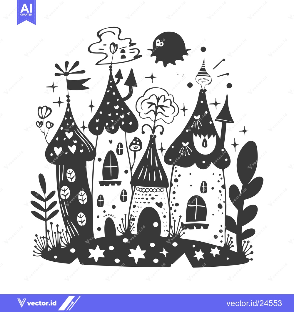 Premium Vector dari Black and White Illustration of Fantasy Houses in a Magical Forest
