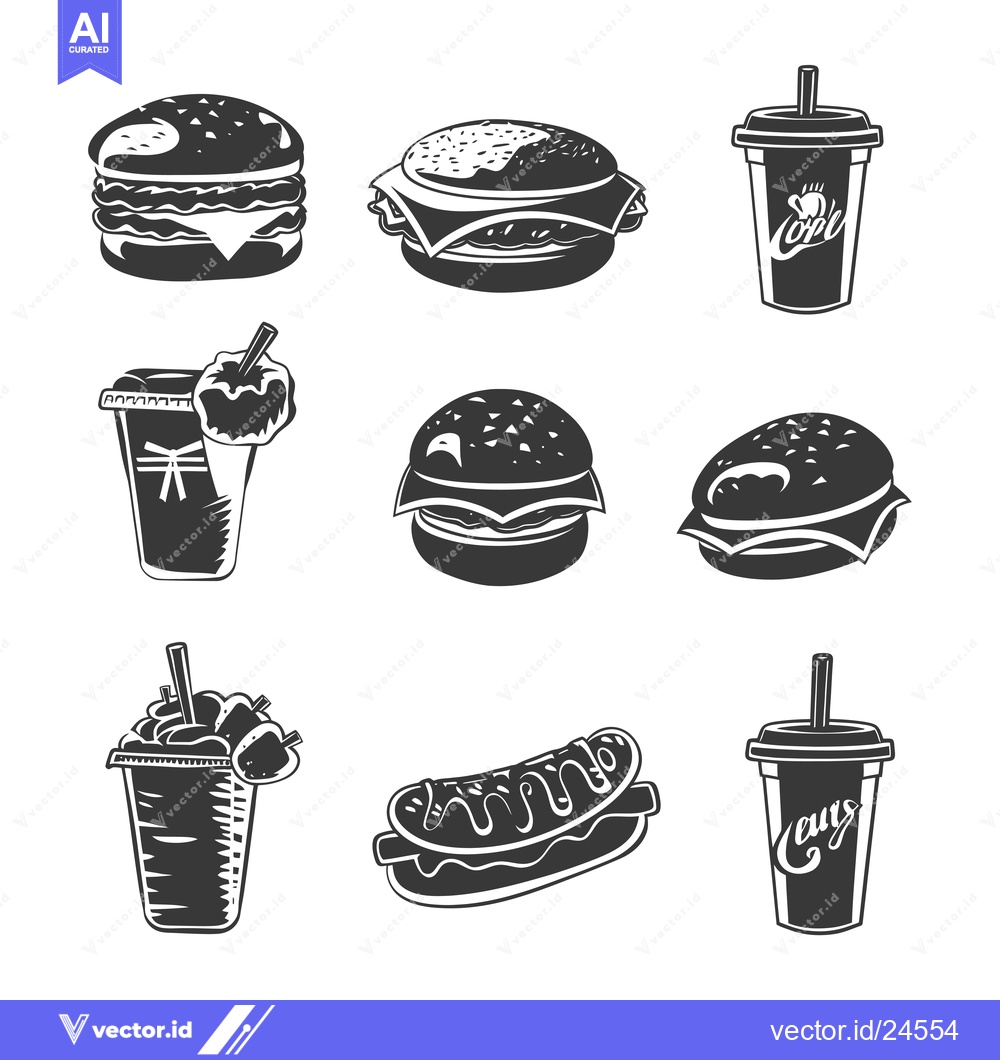 Premium Vector of Black and White Illustration of Fast Food Items