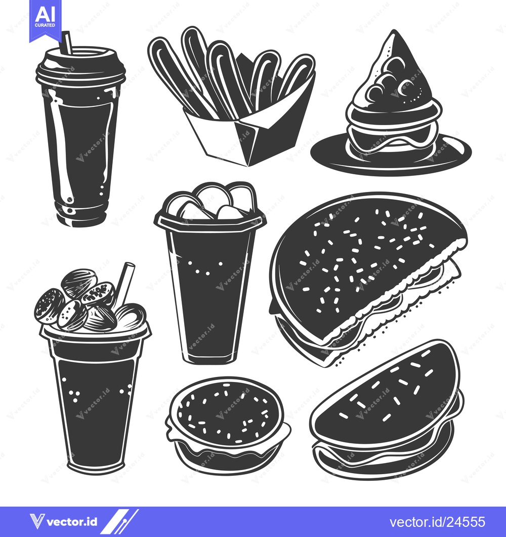 Premium Vector of Black and White Illustration of Fast Food Items