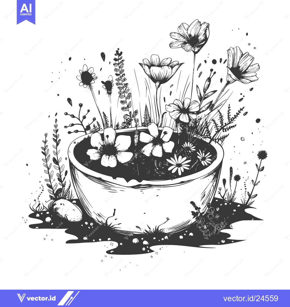 Premium Vector dari Black and White Illustration of Flowers in a Bowl