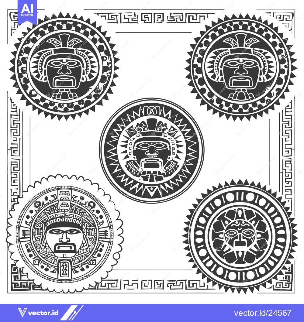 Premium Vector of Black and White Illustration of Four Mayan-Inspired Circular Designs w