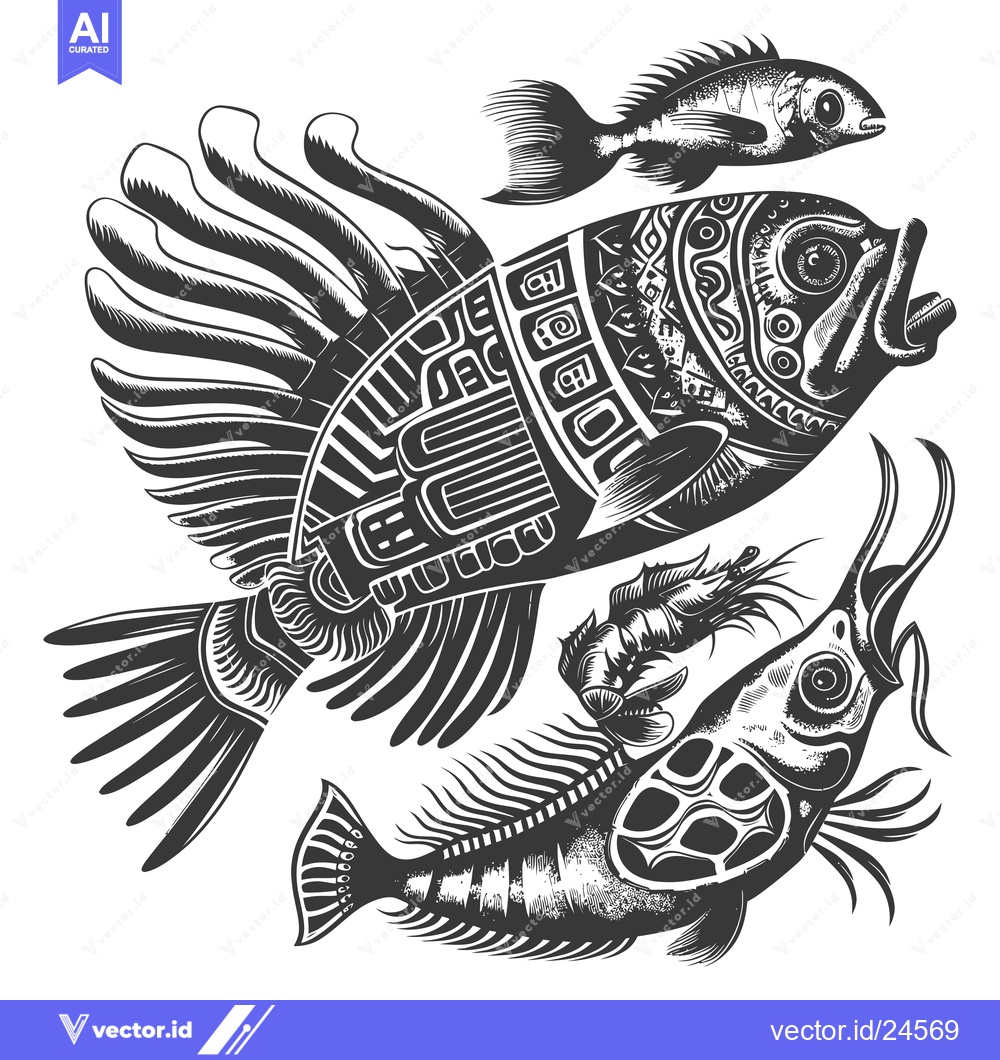 Premium Vector dari Black and White Illustration of Four Stylized Fish