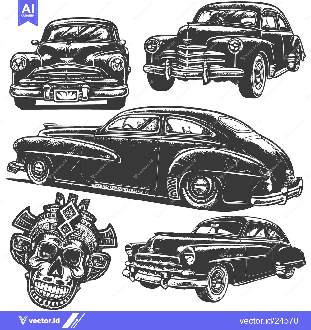 Premium Vector dari Black and White Illustration of Four Vintage Cars and a Skull Design