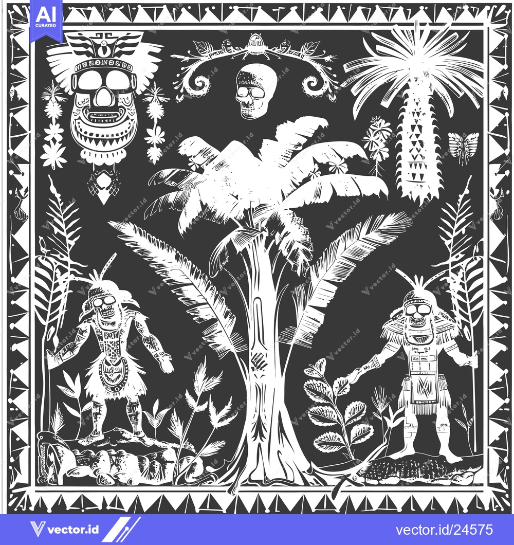 Premium Vector of Black and White Illustration of Jungle Scene with Skull and Two Figure