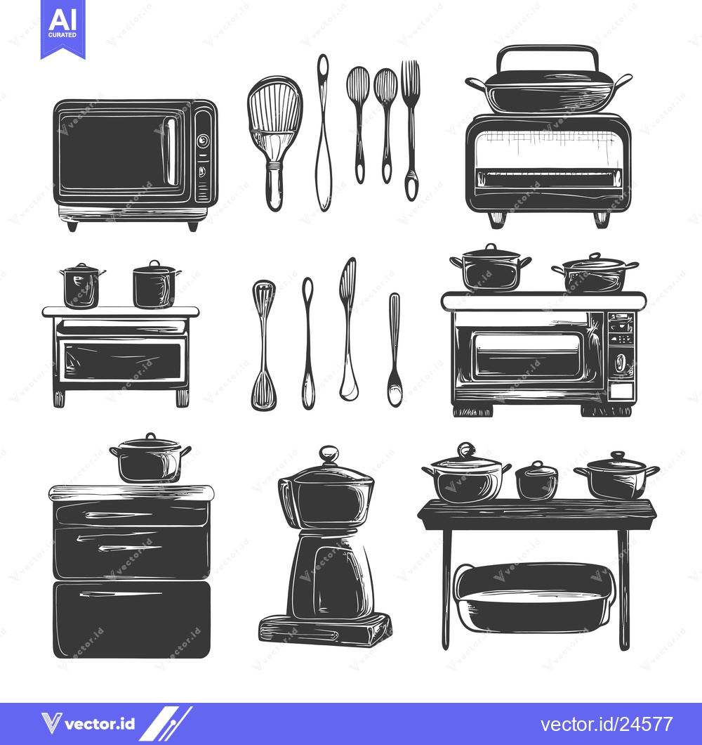 Premium Vector of Black and White Illustration of Kitchen Appliances and Utensils