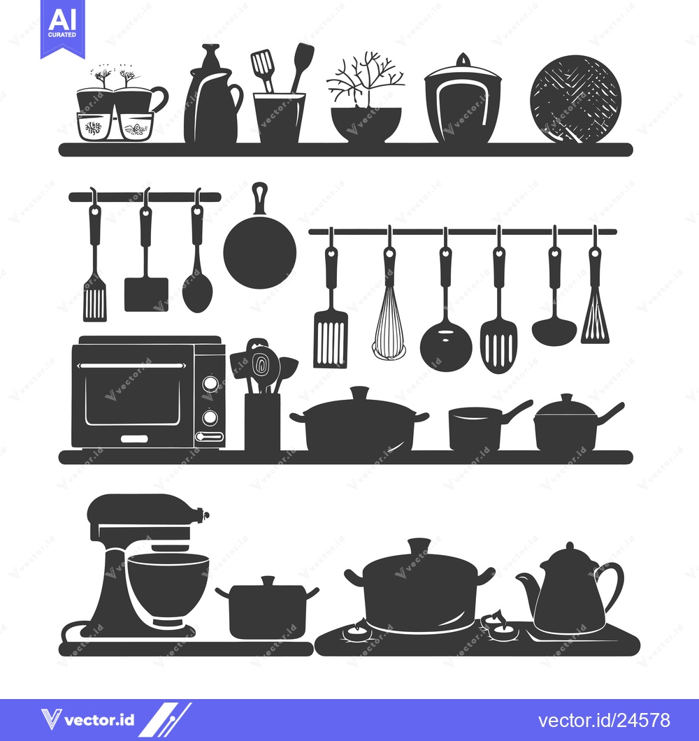 Premium Vector of Black and White Illustration of Kitchen Utensils and Appliances