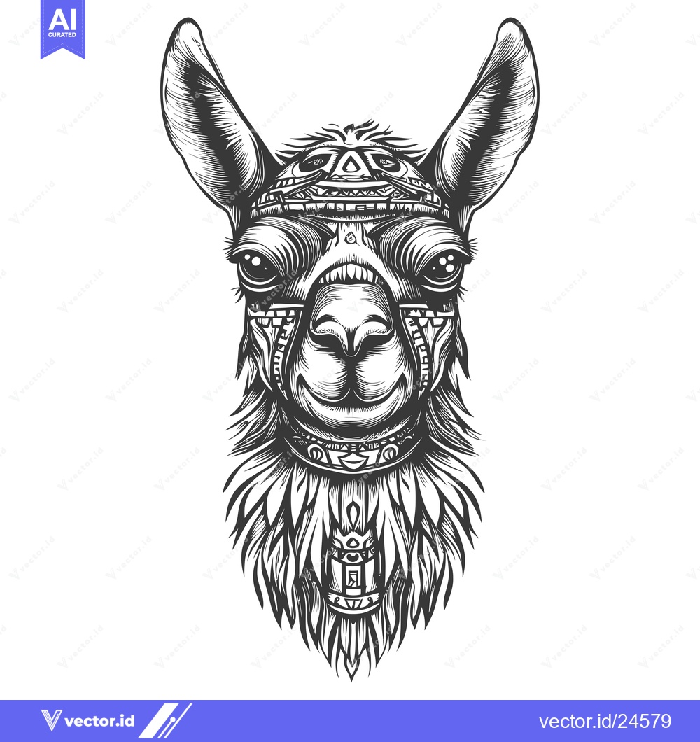 Premium Vector of Black and White Illustration of Llama Head with Tribal Pattern