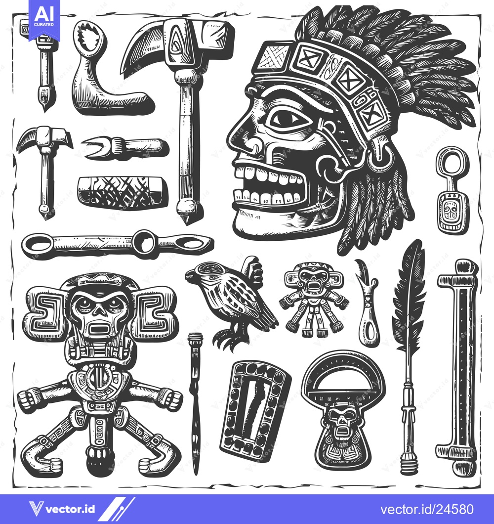 Premium Vector dari Black and White Illustration of Mayan Artifacts and Tools