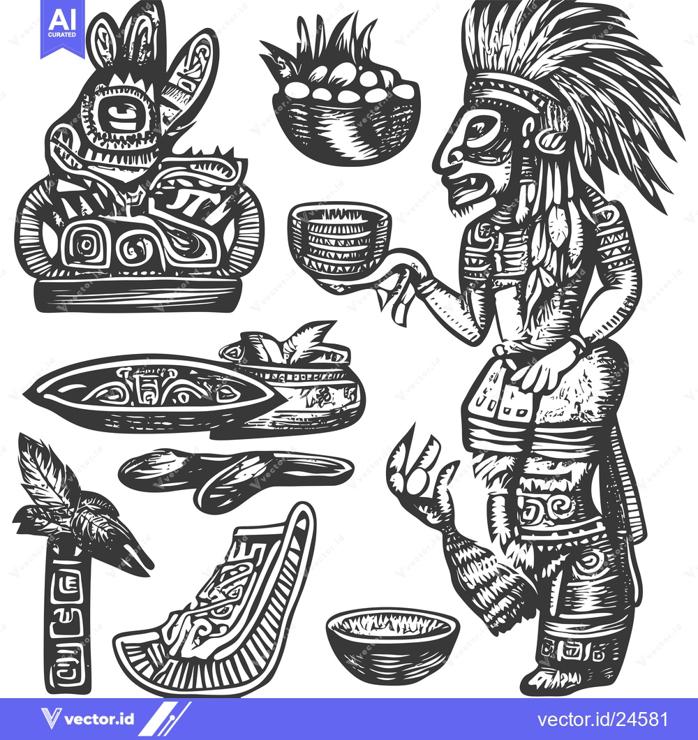 Premium Vector dari Black and White Illustration of Mayan Artwork and Figures