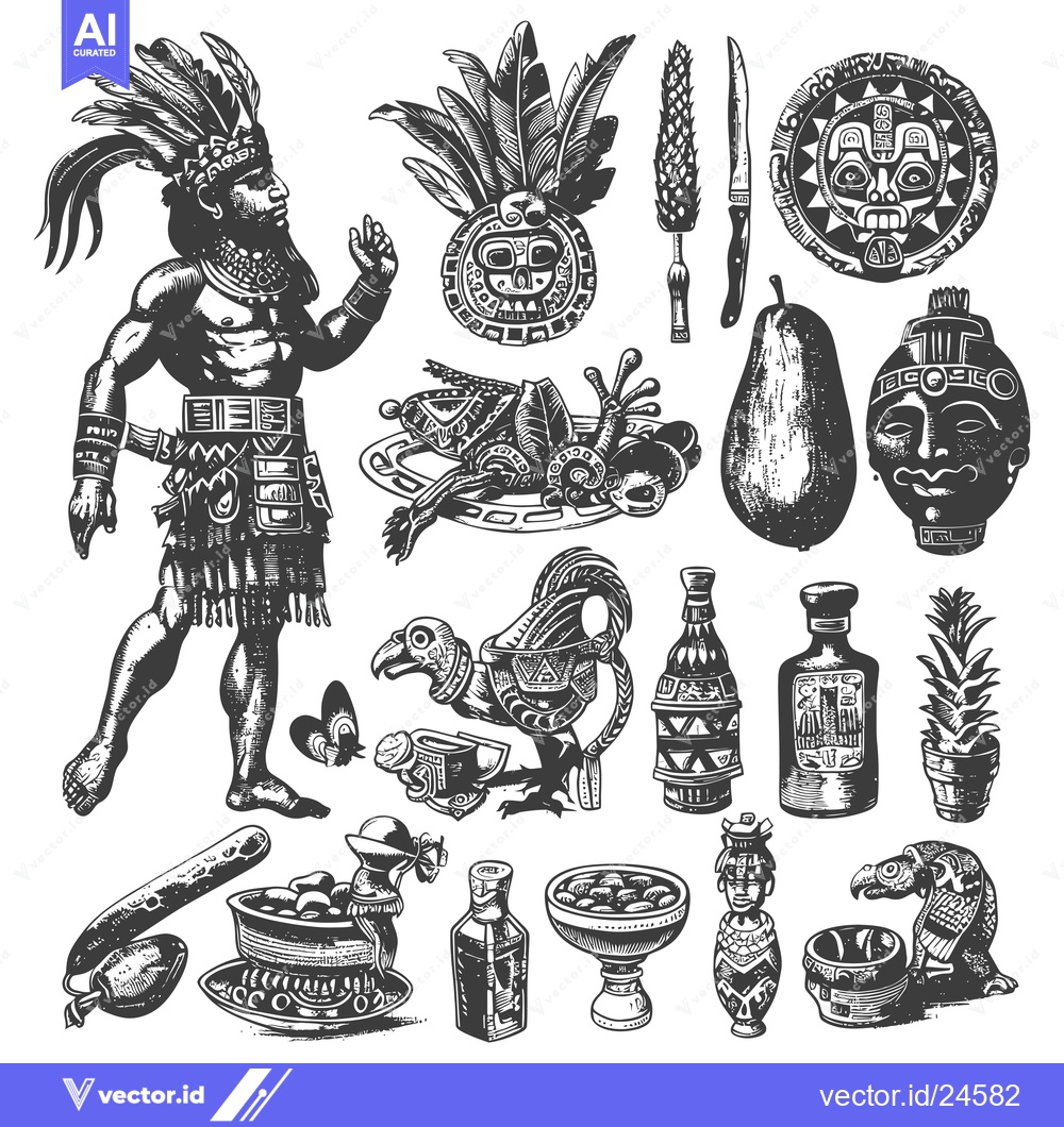 Premium Vector of Black and White Illustration of Mayan Culture Elements